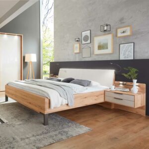 Franco Möbel Doppelbett aus Kernbuche Massivholz und Kunstleder beige LED Beleuchtung (dreiteilig)