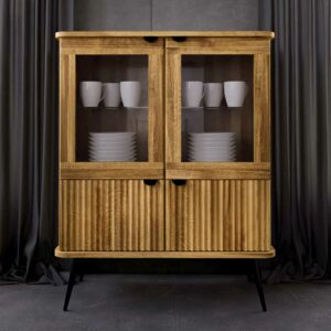 Basilicana Highboard mit Glastüren aus Wildeiche Massivholz Stahl