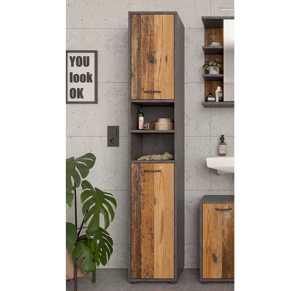 Möbel4Life Badezimmer Hochschrank in Holz Antik NB und Beton Optik 180 cm hoch