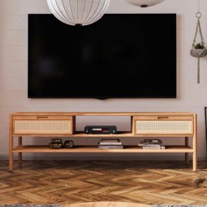 Basilicana Fernsehlowboard mit Rattan aus Wildbuche Massivholz 204 cm breit