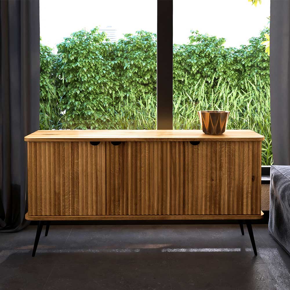 Basilicana Massivholz Sideboard Wildeiche mit 3 Drehtüren Vierfußgestell aus Metall