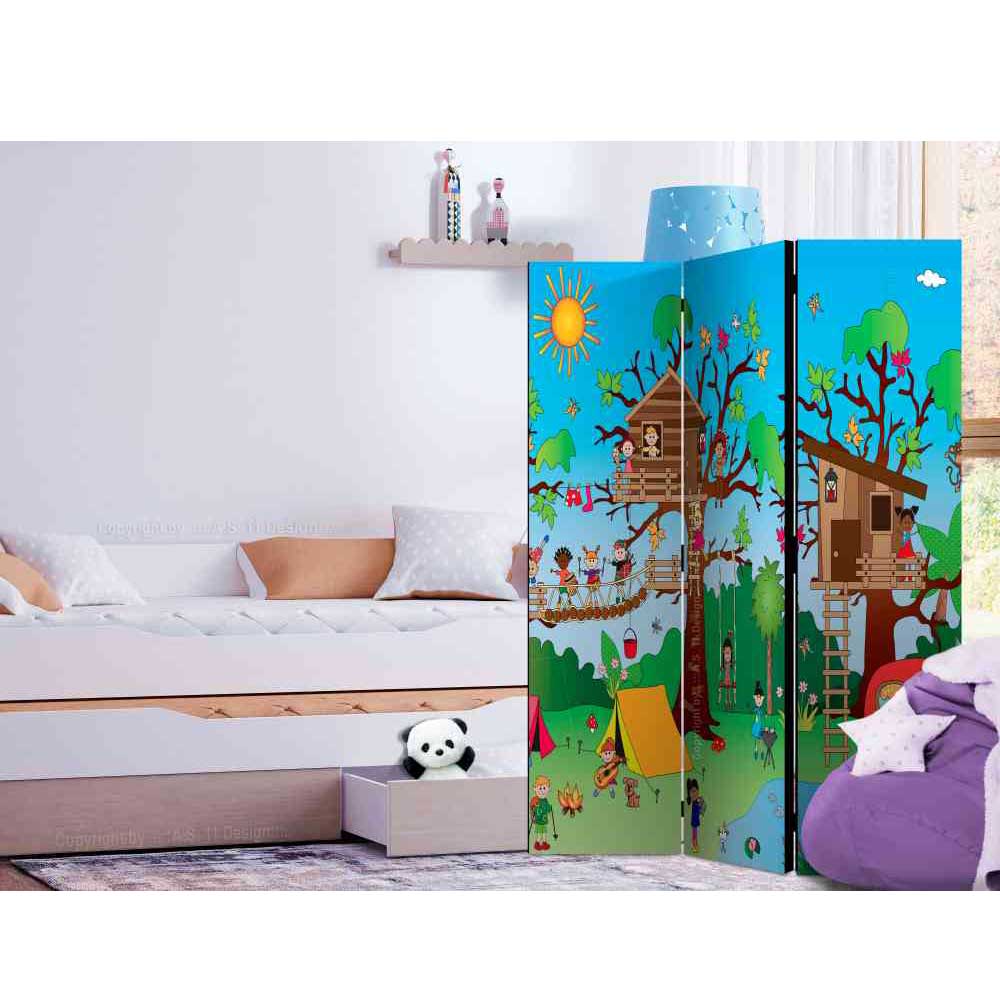 4Home Kinderzimmer Raumteiler mit buntem Baumhaus Motiv drei Elementen