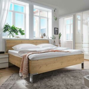 Franco Möbel Großes Bett in Eiche Bianco und Chromfarben mit Kopfteil