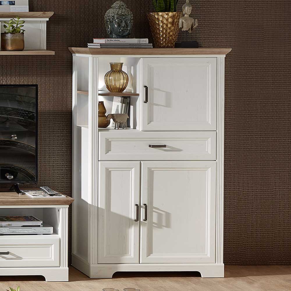 BestLivingHome Wohnzimmer Highboard in Weiß und Eichefarben LED Beleuchtung