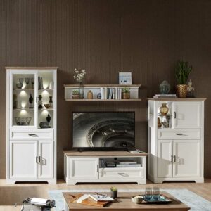 BestLivingHome TV Wohnkombination in Weiß und Eichefarben Landhausstil (vierteilig)