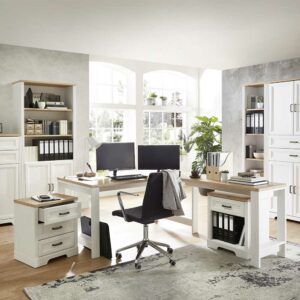 BestLivingHome Schreibtisch Set im Landhausstil Weiß & Eichefarben (dreiteilig)