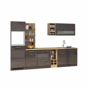 Star Möbel Design Küchenblock in Grau hochglänzend 300 cm breit (neunteilig)