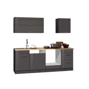 Star Möbel Küchenzeile in Grau hochglänzend 220 cm breit (sechsteilig)