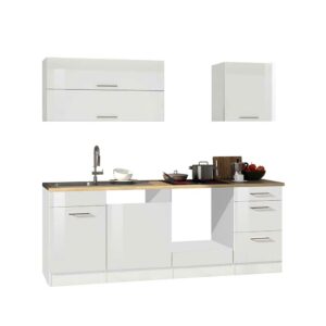 Star Möbel Einbauküchenzeile in Weiß hochglänzend 220 cm breit (sechsteilig)