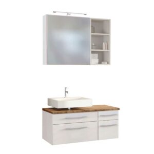 Star Möbel Waschtischkommode mit Spiegelschrank und Regal Weiß und Wildeiche Dekor (dreiteilig)