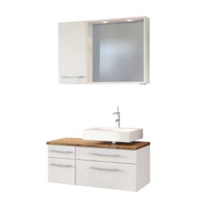 Star Möbel LED Badspiegel mit Waschtisch und Hängeschrank Weiß und Wildeiche Dekor (dreiteilig)