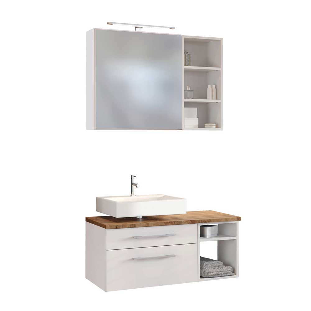 Star Möbel LED Spiegelschrank und Waschtisch mit Regal Weiß und Wildeiche Dekor (dreiteilig)