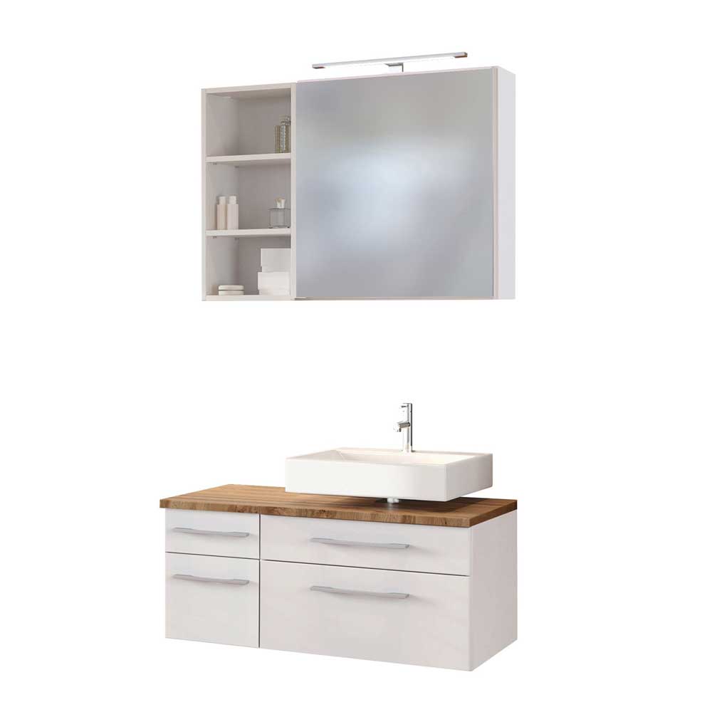 Star Möbel Spiegelschrank und Waschtischkommode in Weiß und Wildeiche Dekor Regal (dreiteilig)