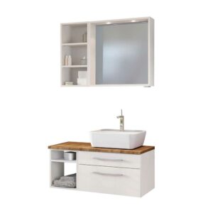 Star Möbel Badspiegel und Waschtisch mit Regal Weiß und Wildeiche Dekor (dreiteilig)