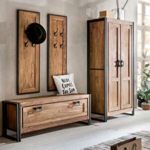 Möbel Exclusive Garderobenset aus Akazie Massivholz und Metall Industriedesign (vierteilig)