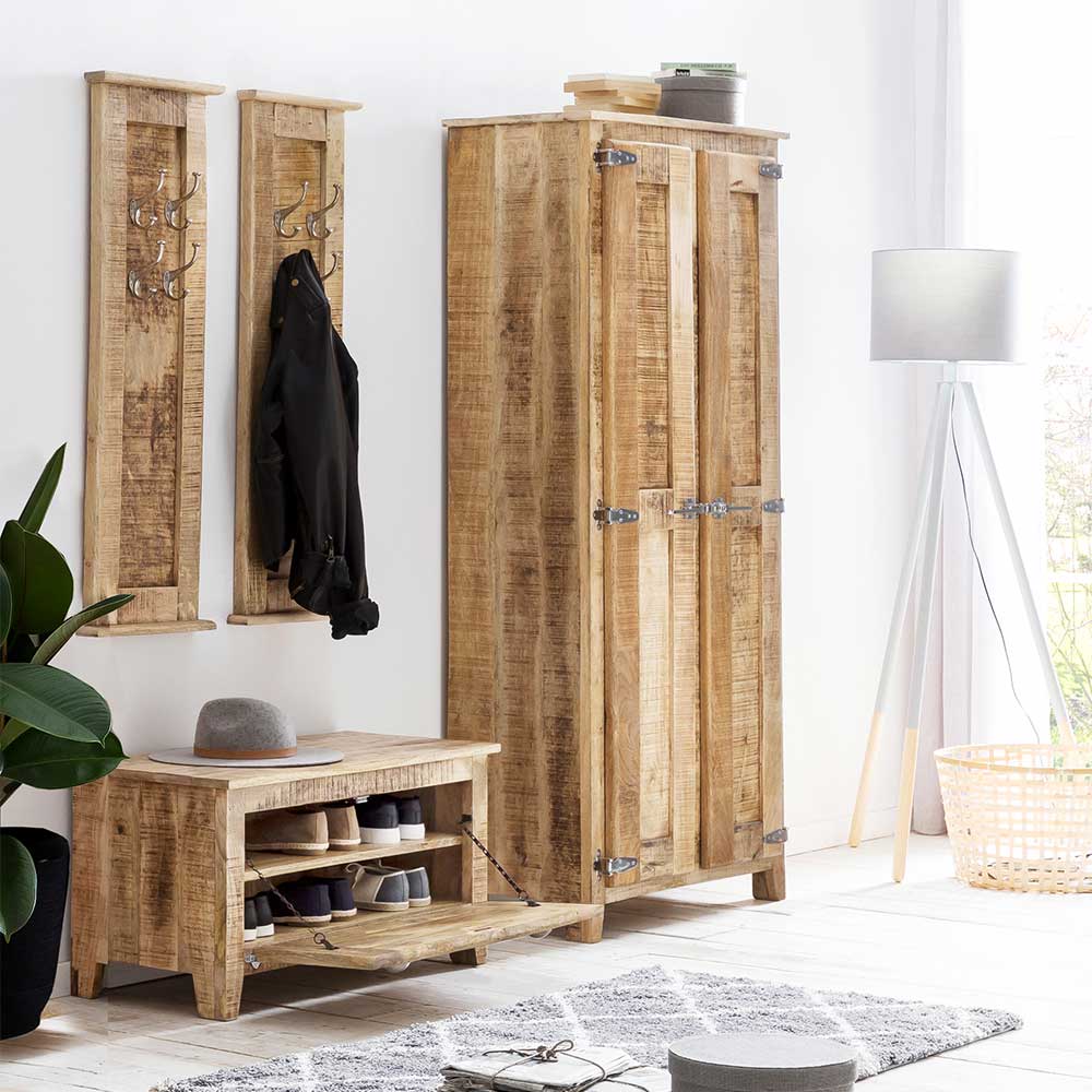 Möbel Exclusive Garderoben Set im Shabby Chic Stil Mangobaum Massivholz (vierteilig)