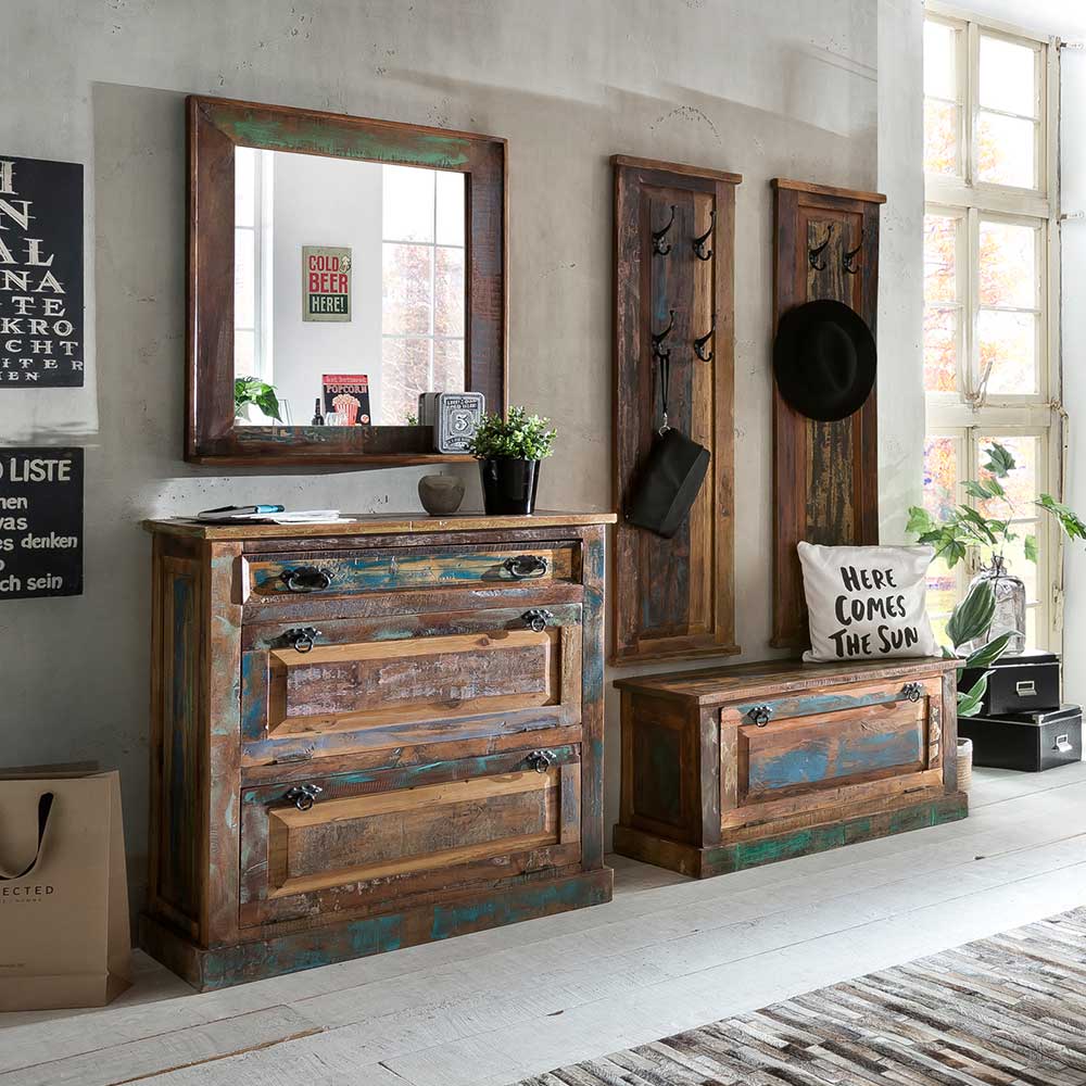 Möbel Exclusive Shabby Chic Garderobe aus Recyclingholz Braun und Bunt (fünfteilig)