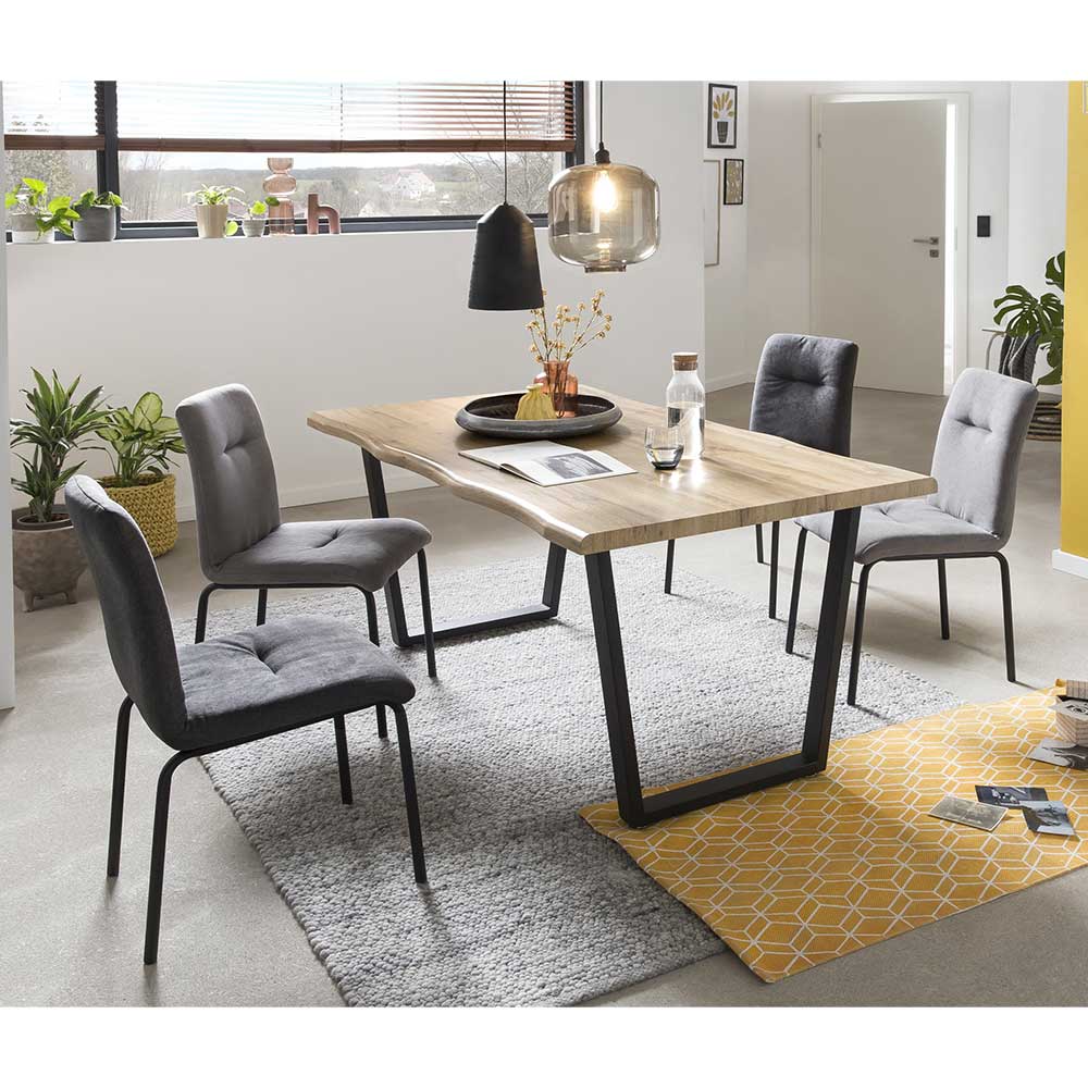 iMöbel Esszimmersitzgruppe in Wildeichefarben und Grau 160 cm Baumkantentisch (fünfteilig)