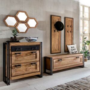 Möbel Exclusive Loft Design Garderobe aus Akazie Massivholz Metall (achtteilig)