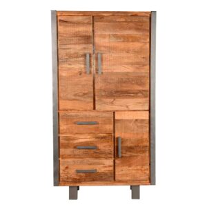 Möbel Exclusive Schrank aus Mangobaum Massivholz und Metall 100 cm breit und 185 cm hoch