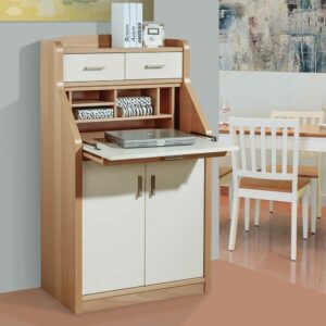 4Home Sekretärschrank in Creme Weiß und mit Buche furniert 120 cm hoch