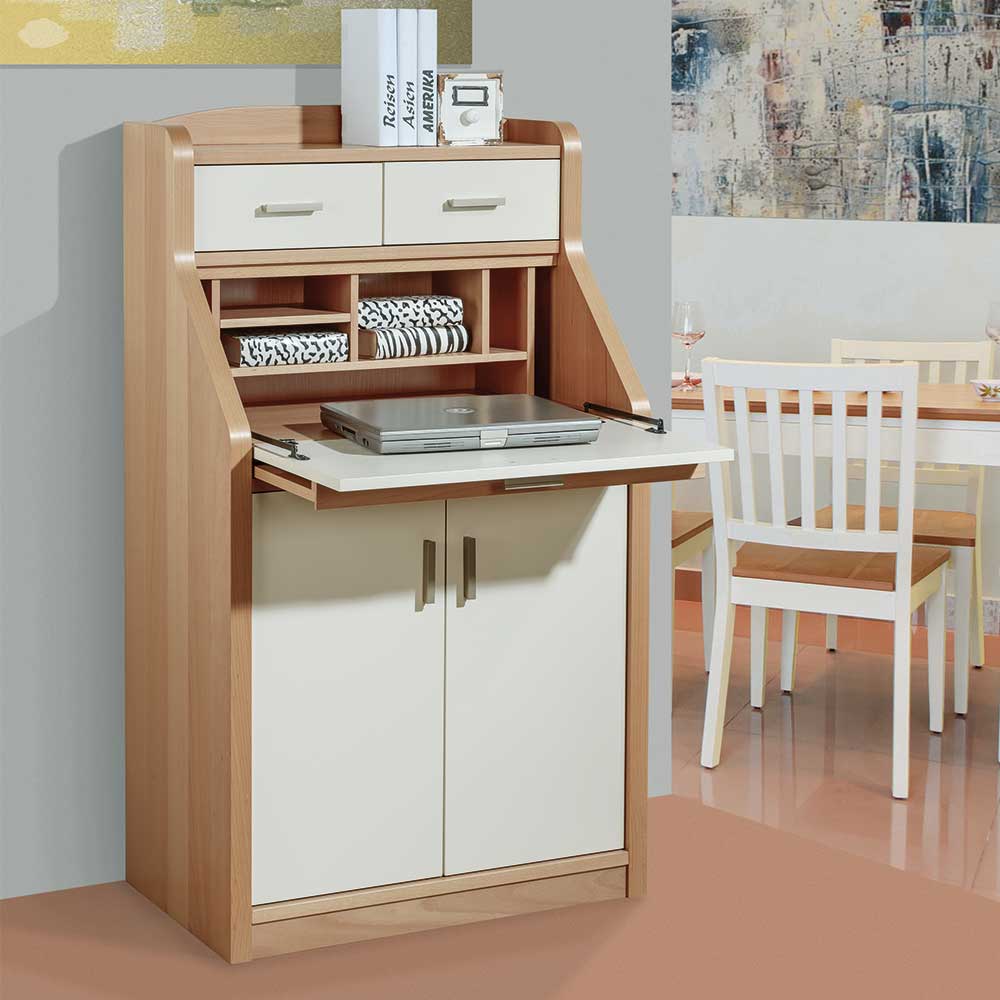 4Home Sekretärschrank in Creme Weiß und mit Buche furniert 120 cm hoch