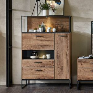 BestLivingHome Loft Design Highboard in Eiche dunkel Optik und Dunkelgrau Klappe