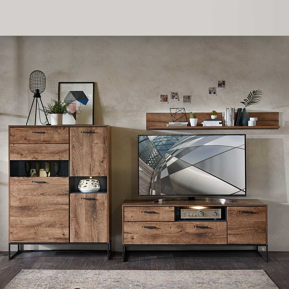 BestLivingHome TV Wohnwand im Loft Design Eiche dunkel Optik und Dunkelgrau (dreiteilig)