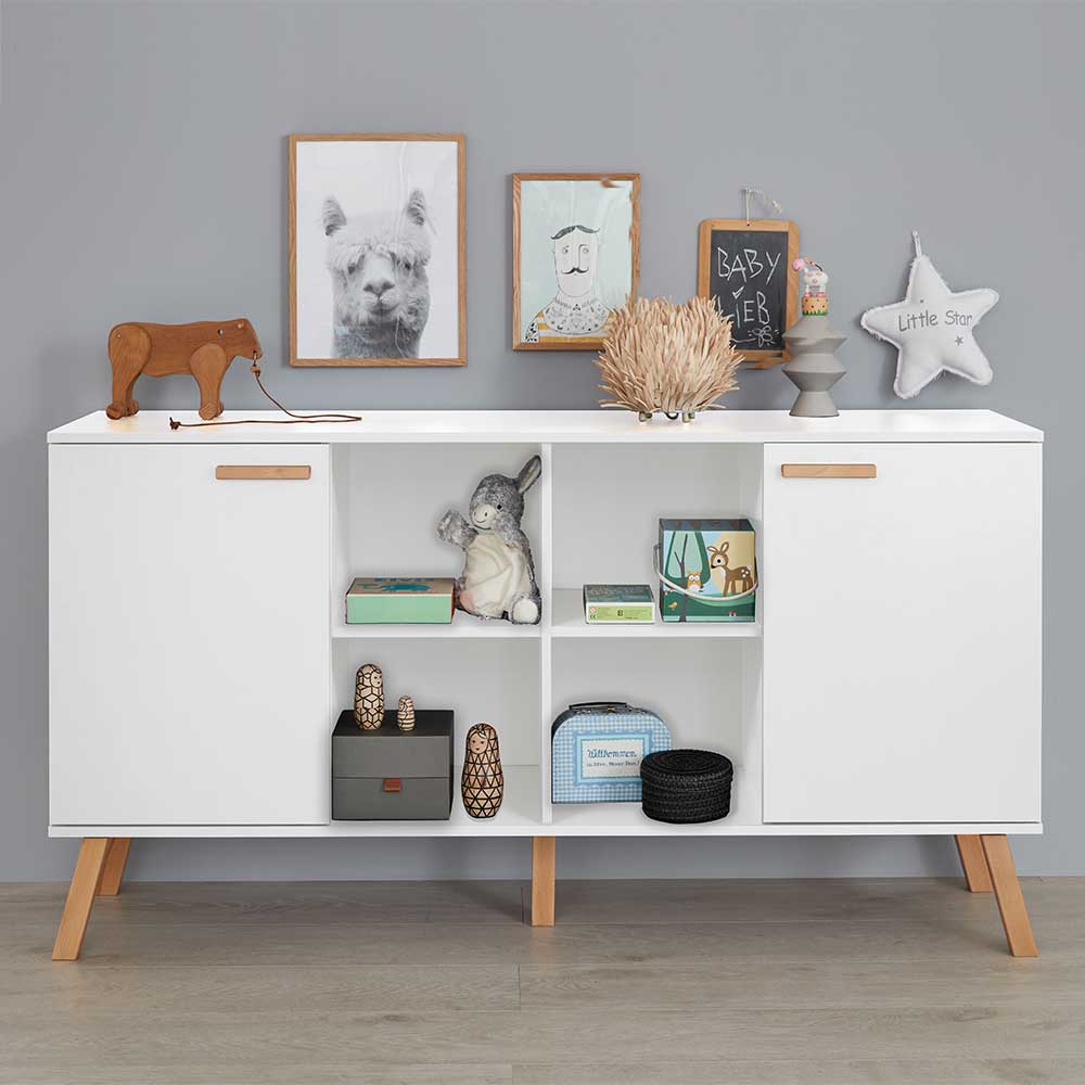 TopDesign Sideboard Kinderzimmer in Weiß und Buchefarben Skandi Design