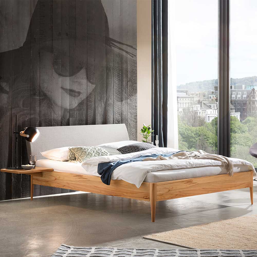 TopDesign Massivholz Bett mit Polster in Wildbuchefarben Grau