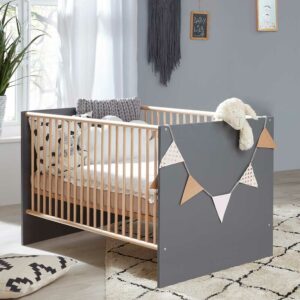 TopDesign Babybett Grau Skandi mit Buche Massivholz Sprossen höhenverstellbar