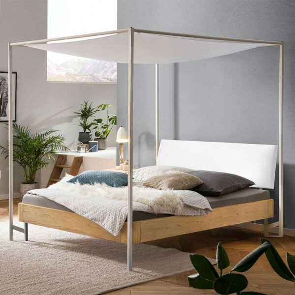 TopDesign Skandi Stil Himmelbett in Eiche Bianco und Weiß 200 cm hoch