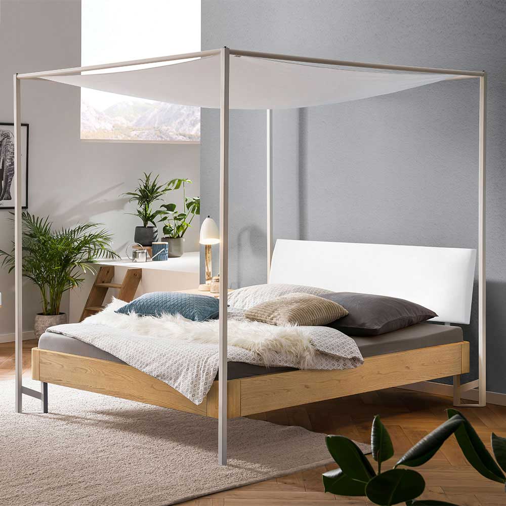 TopDesign Skandi Stil Himmelbett in Eiche Bianco und Weiß 200 cm hoch