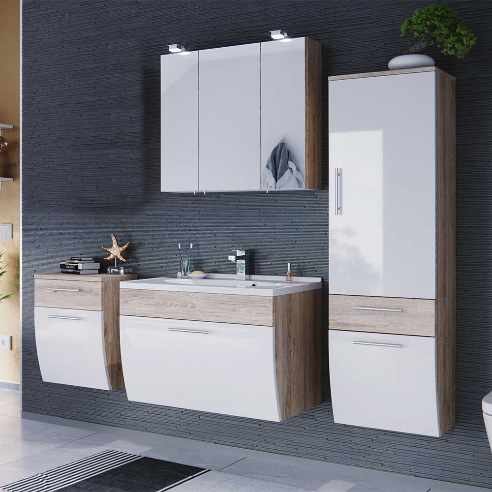 Möbel4Life Badezimmer Komplettset mit Spiegelschrank und Waschtisch Weiß Hochglanz Eiche hell (vierteilig)