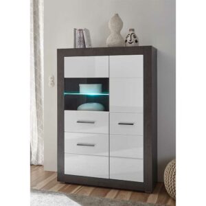 Brandolf Wohnzimmer Highboard in Weiß Hochglanz und Beton Grau Glastür