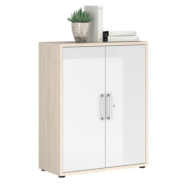 Müllermöbel Officeschrank abschließbar in Weiß Hochglanz Holz White Wash