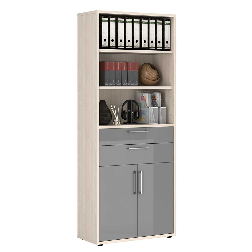 Müllermöbel Home Office Schrank mit Regal in Hellgrau Hochglanz Holz White Wash