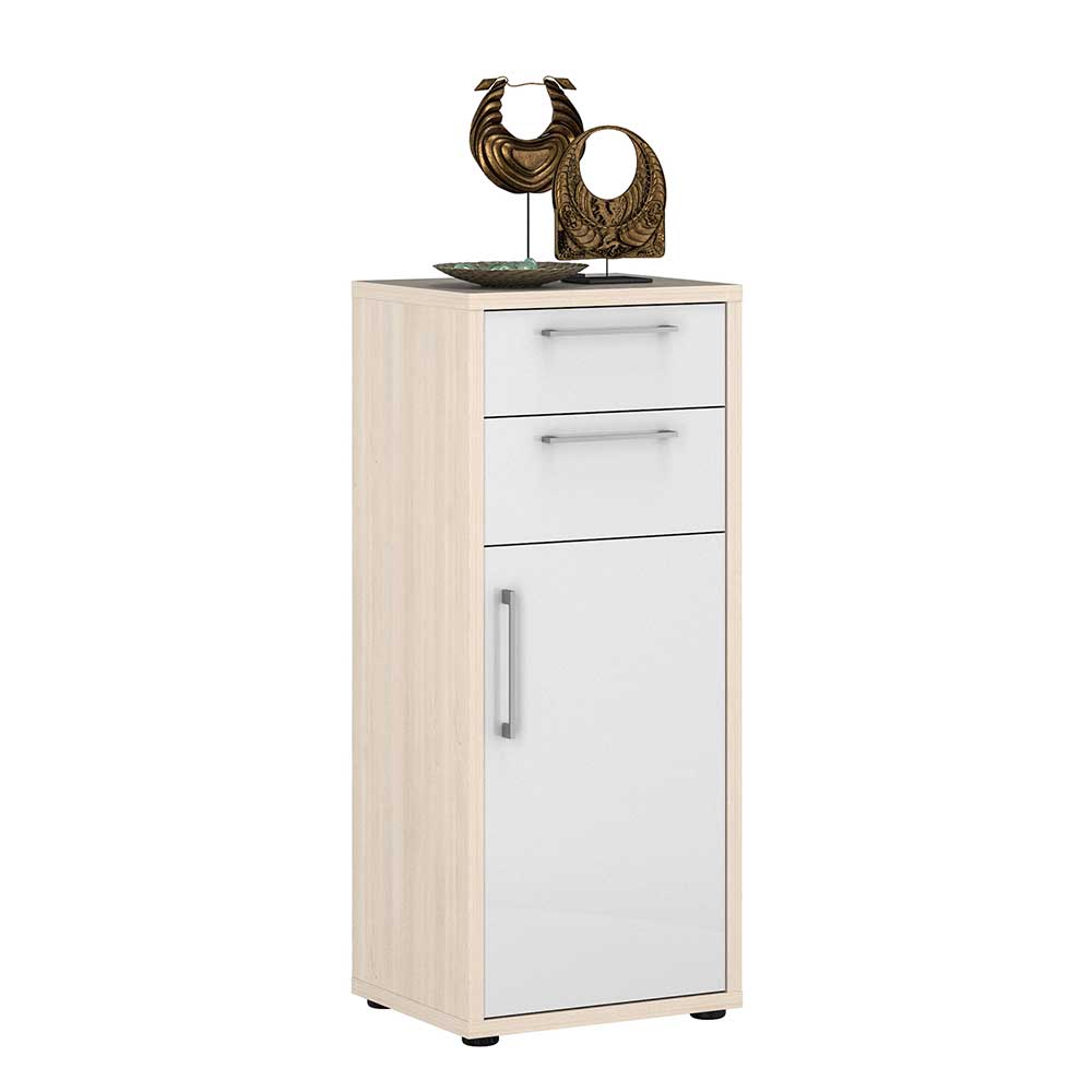 Müllermöbel Officeschrank klein in Holz White Wash Optik Hochglanz Weiß