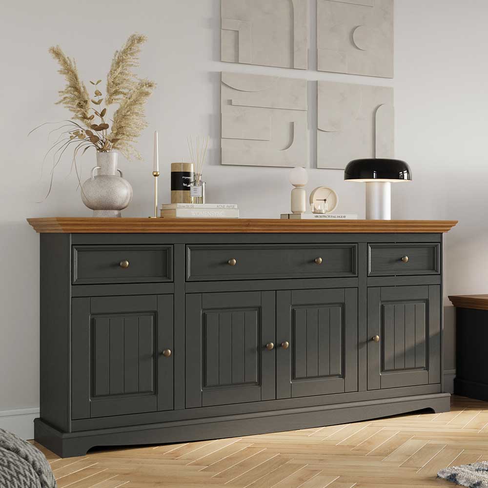 Wooding Nature Massivholz Sideboard Landhaus in Grau und Eichefarben 167 cm breit