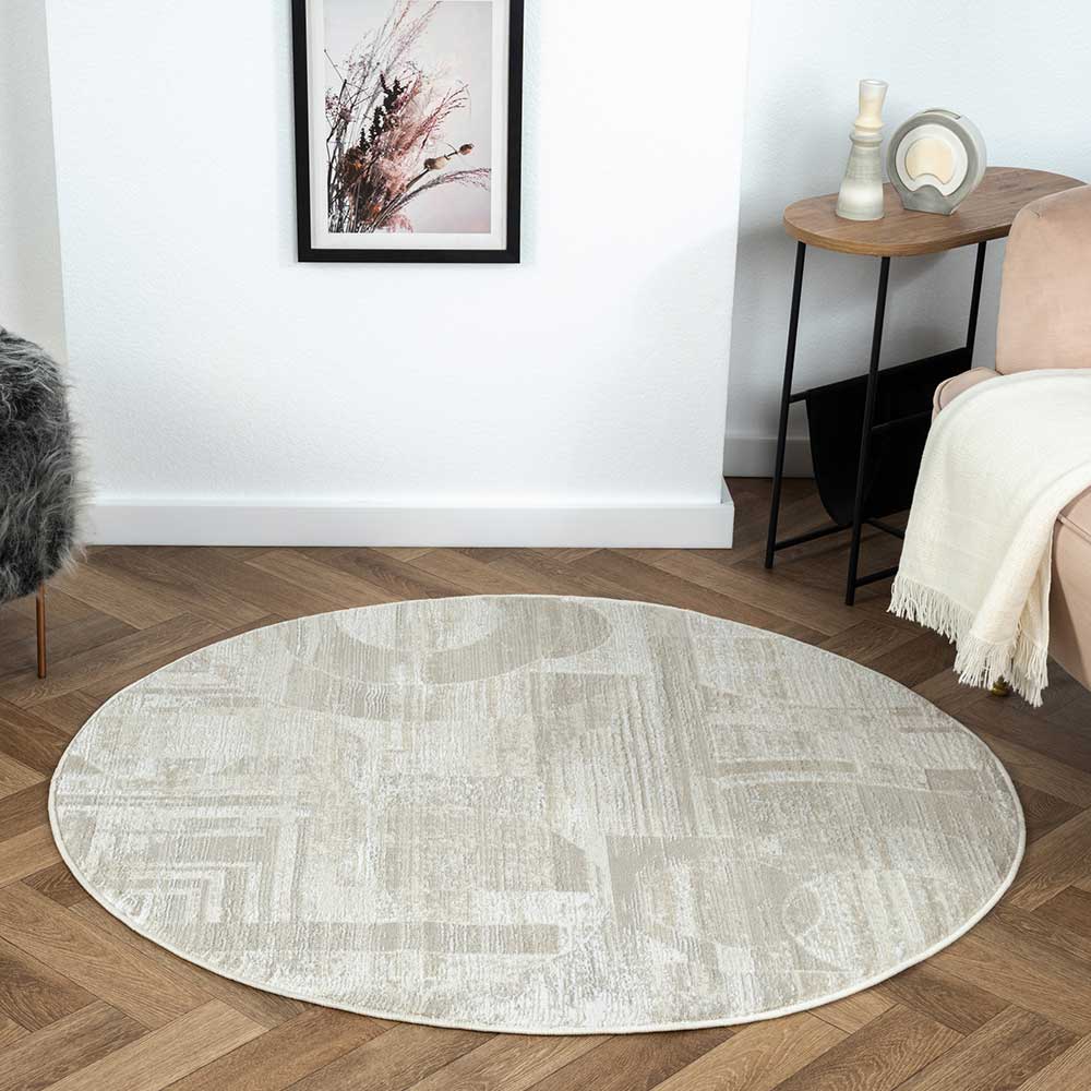 Doncosmo Runder Teppich modern Kurzflor in Creme und Beige 120 cm Durchmesser