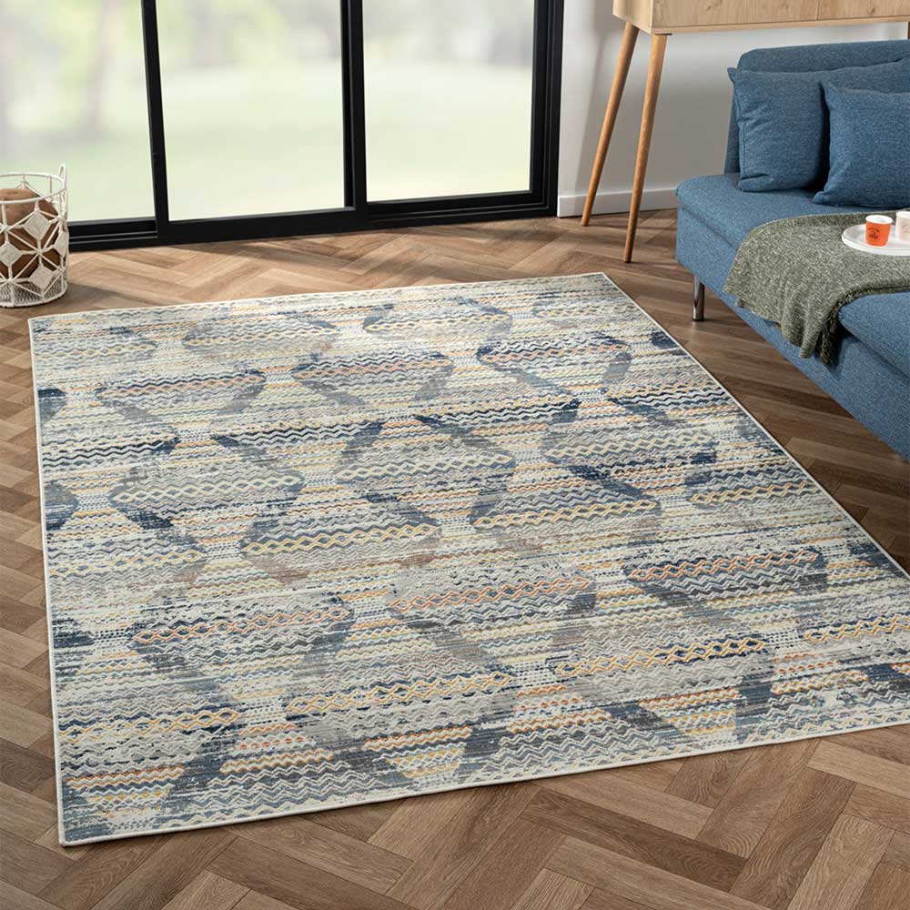 Doncosmo Pflegeleichter Teppich 170x240 cm in Blau - Cremefarben Kurzflor