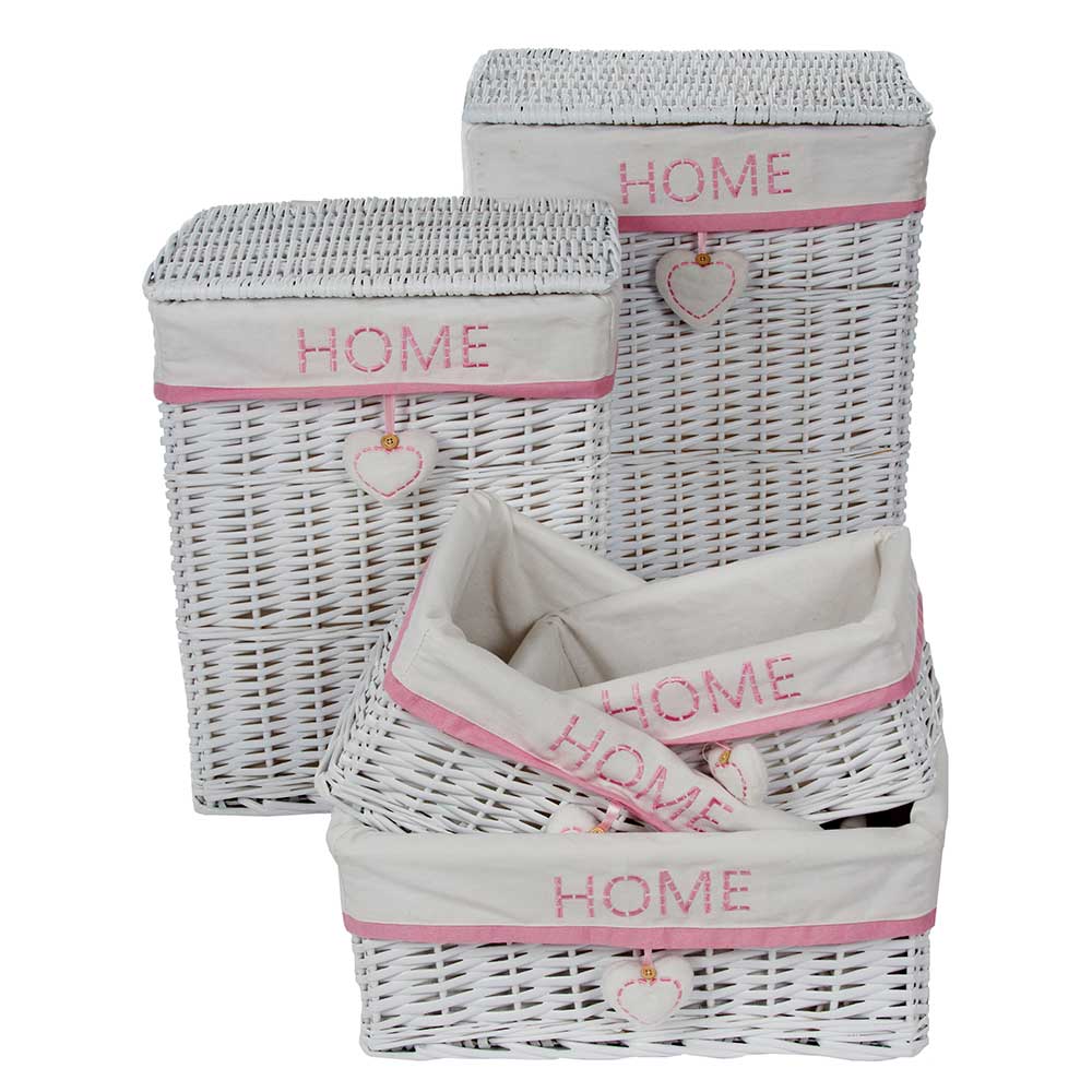 Doncosmo Wäschekorb Set im Landhausstil Weiß und Pink (fünfteilig)