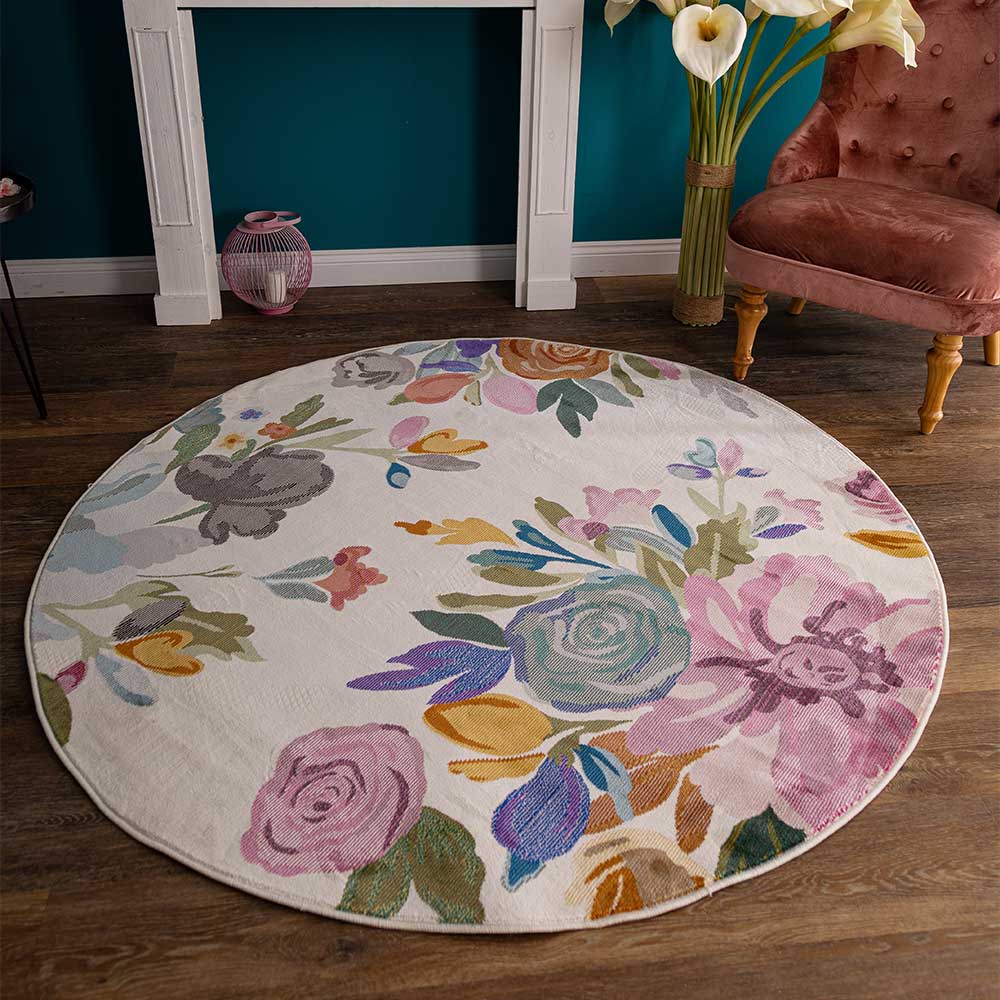 Doncosmo Bunter Kurzflor Teppich mit Blumen Motiv 160 cm Durchmesser