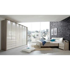 Franco Möbel Luxus Schlafzimmer Set in Creme und Eiche Trüffelfarben glasbeschichtet (vierteilig)