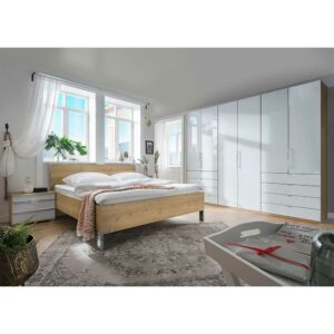Franco Möbel Schlafzimmer in Weiß und Eiche Bianco modern (vierteilig)
