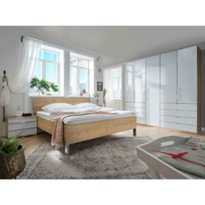 Franco Möbel Schlafzimmer Set in Weiß mit Glas beschichtet Eiche Bianco (vierteilig)