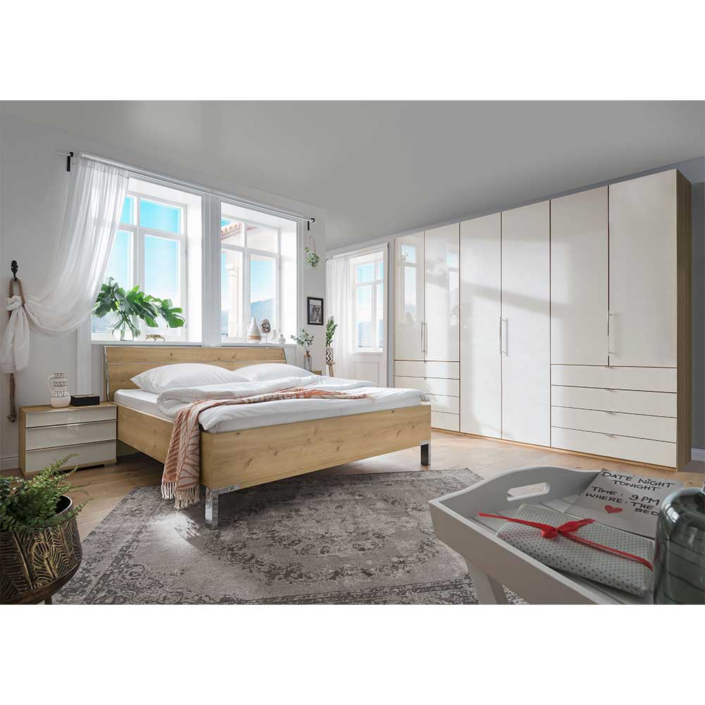 Franco Möbel Schlafzimmer Set in Eiche Bianco und Beige mit Glas beschichtet (vierteilig)