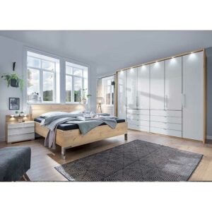 Franco Möbel Premium Schlafzimmerset in Eiche Bianco und Weiß glasbeschichtet (vierteilig)