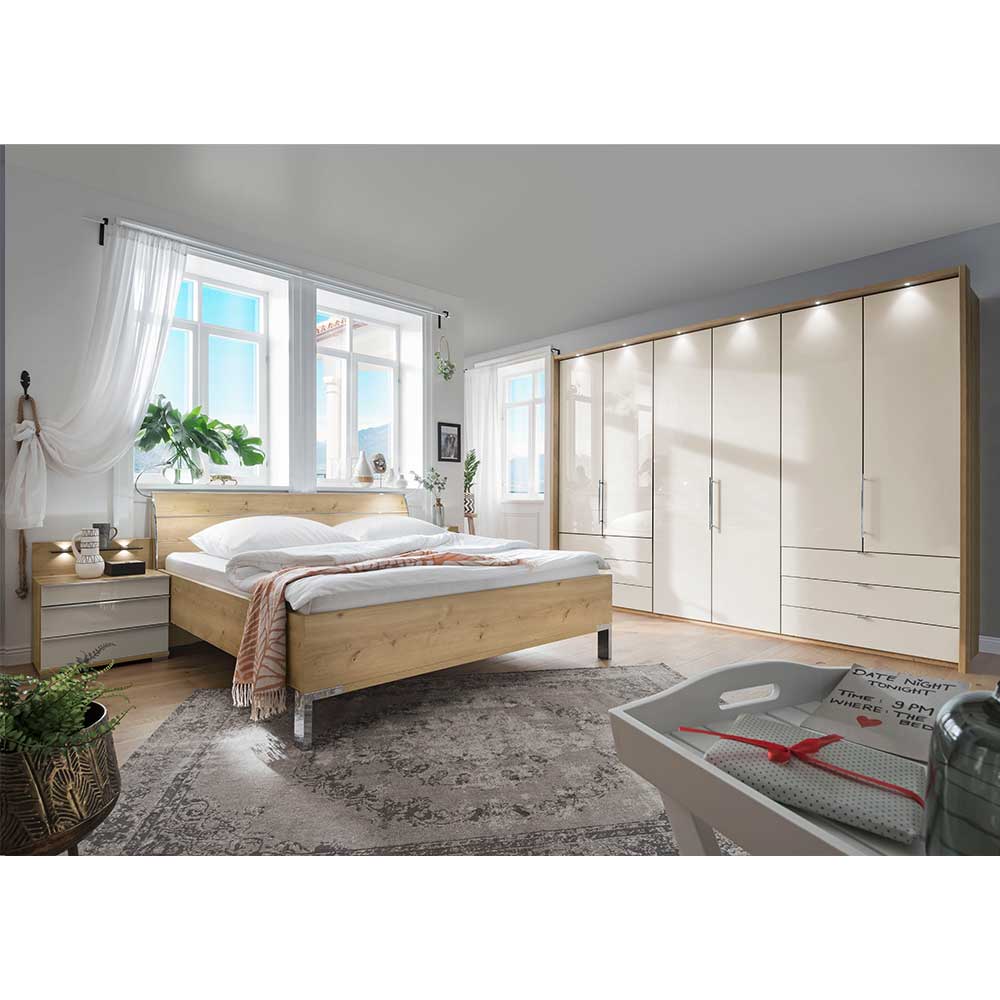 Franco Möbel XL Schlafzimmer Set in Beige und Eiche Bianco glasbeschichtet (vierteilig)