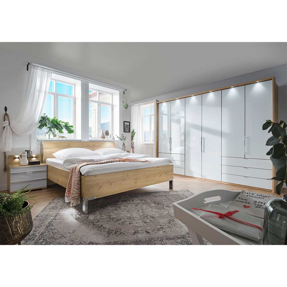Franco Möbel Luxus Schlafzimmer Set Weiß und Eiche Bianco (vierteilig)